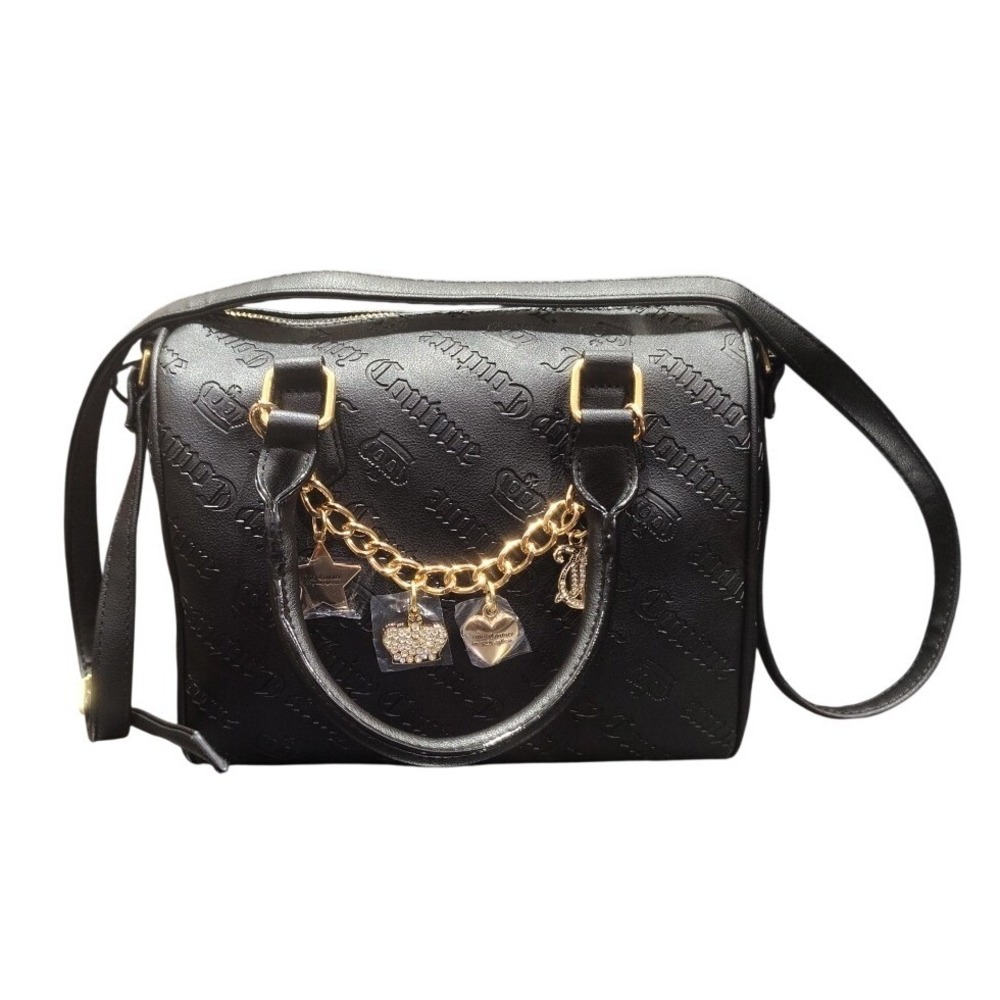 Juicy Couture Black Embossed‎ Logo Satchel Bag Charms Gold Tone
